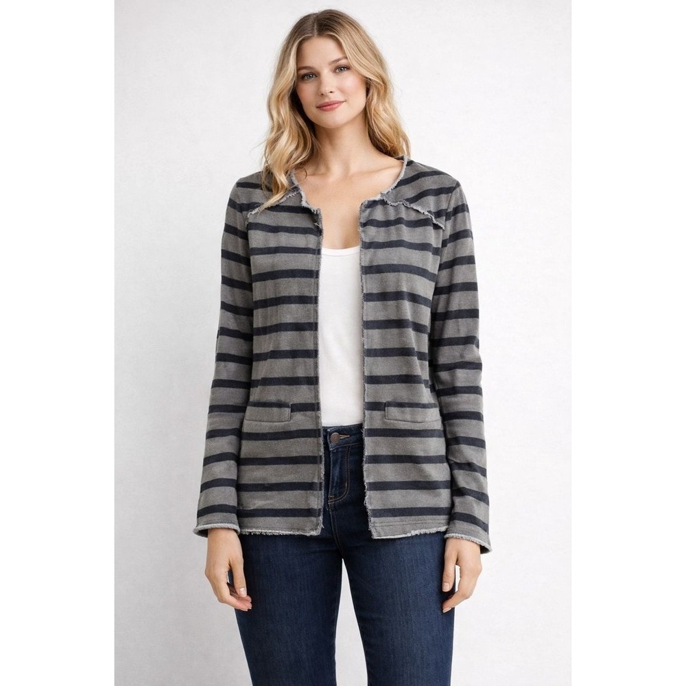 DREW Cardigan Womens Small Gray Black‎ Striped Jacket Pocket Anthropologie Open